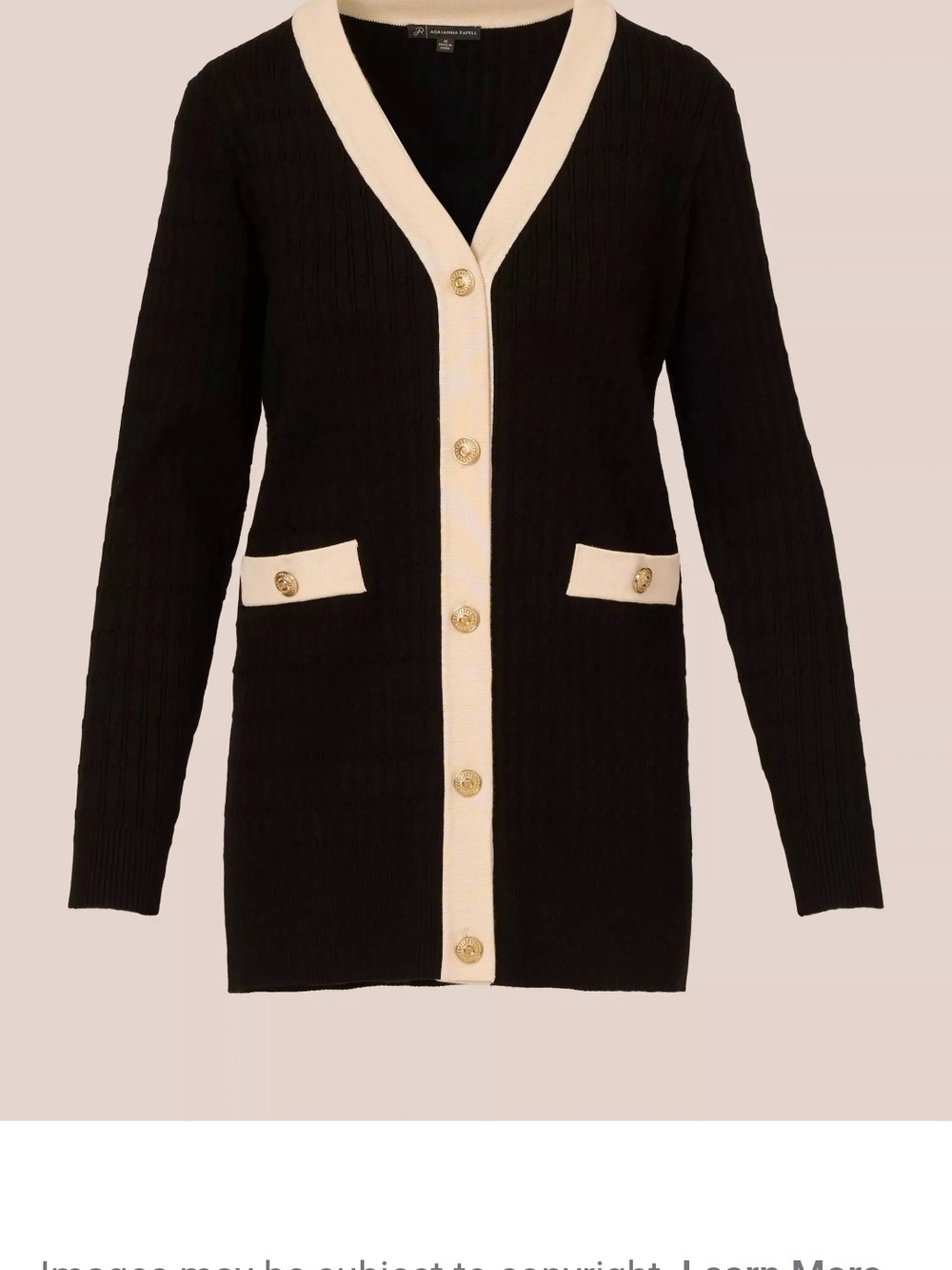 Adrianna Papell Black Cardigan with Cream Trim and Gold Buttons